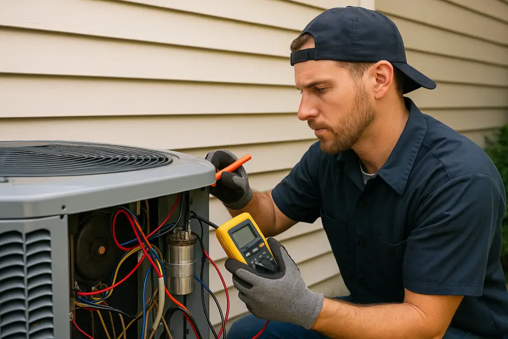 HVAC technician working on an outdoor residential air conditioning unit during routine maintenance