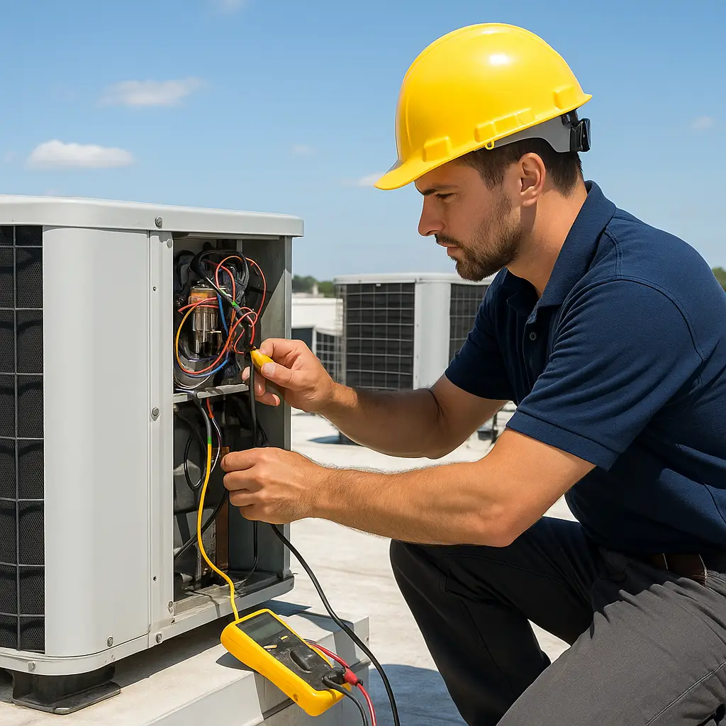 HVAC technician working on a rooftop air conditioning unit of a commercial building under daylight