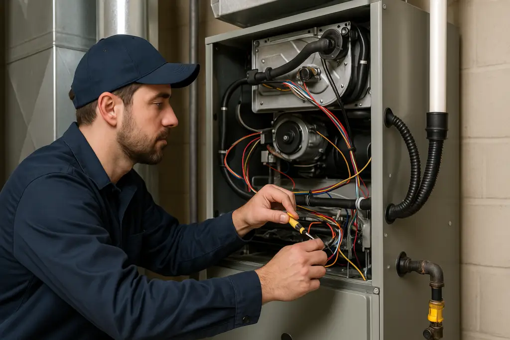 HVAC technician working inside a residential furnace during a maintenance check