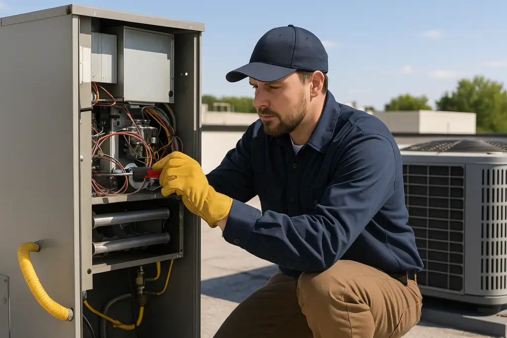 HVAC technician performing maintenance on a rooftop furnace unit atop a commercial building